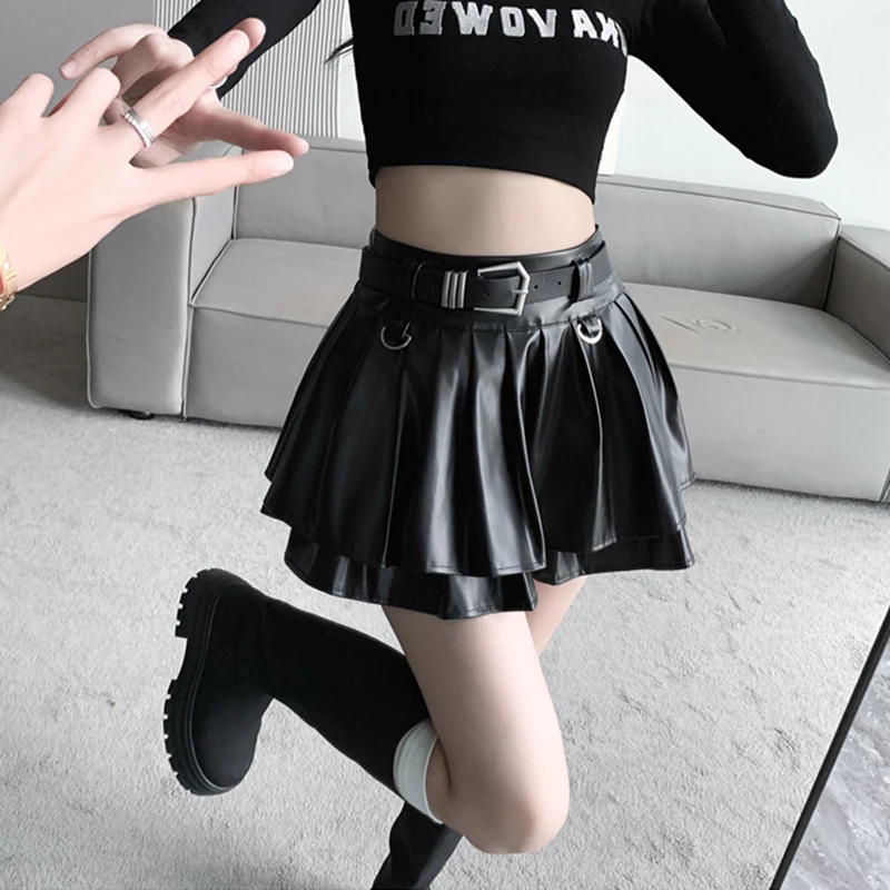 MEXZT Y2K Pu Leather Mini Skirt Women Streetwear Belt Pleated Skirts Harajuku Korean Fashion High Waist Black A Line Skirt New