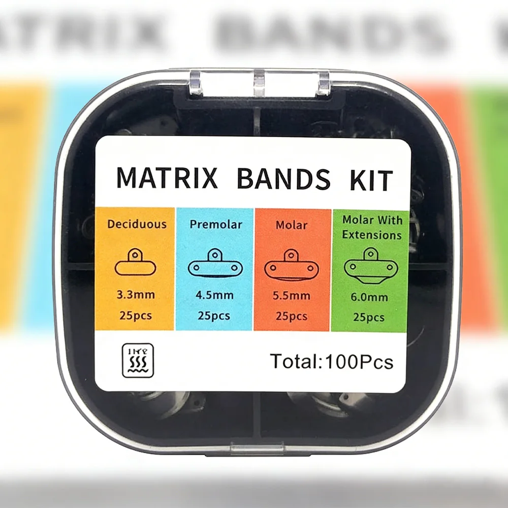 

100 Piece Box of Stainless Steel Dental Matrix Bands with Holes Designed for Class II Restorations and Cavity Rebuilding