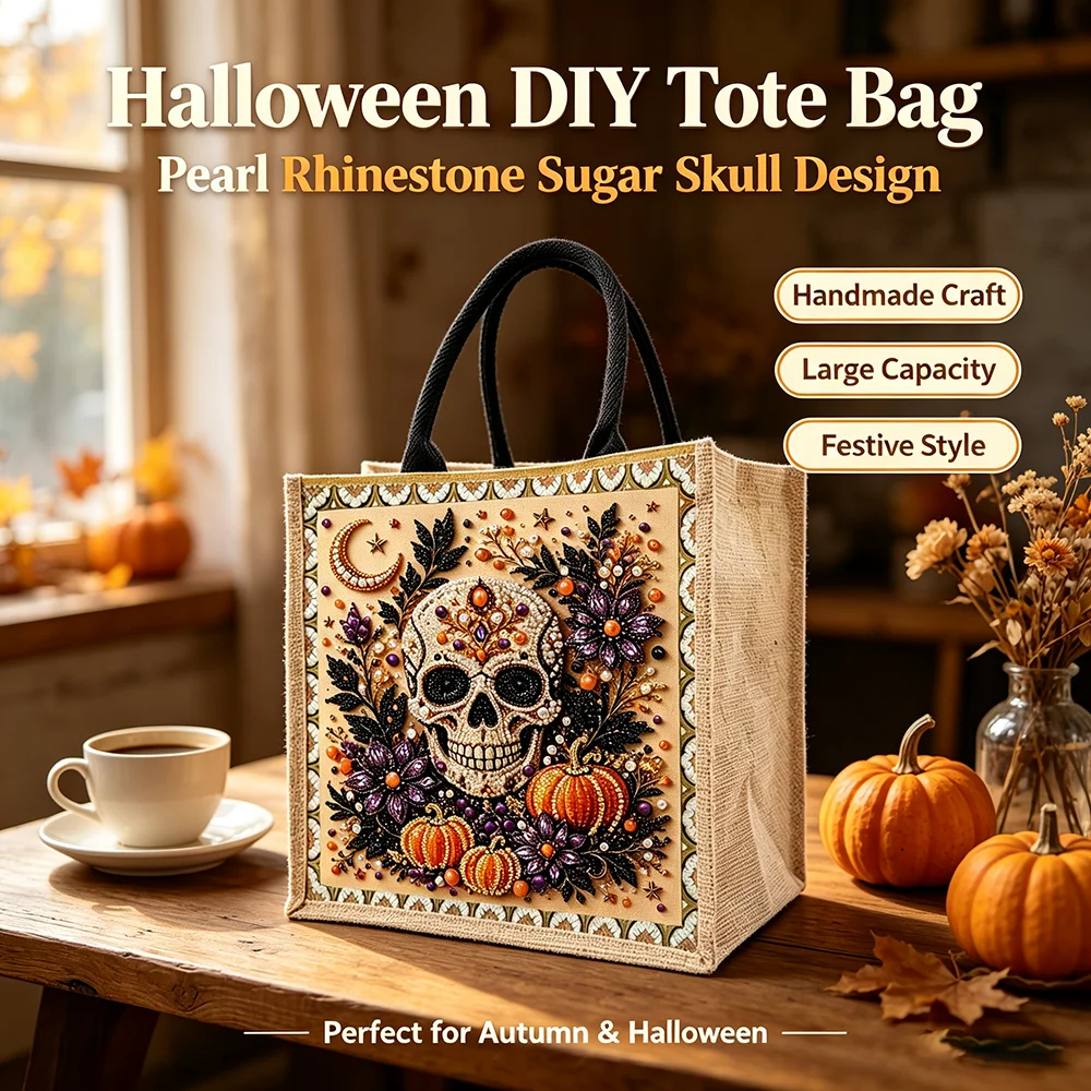 Halloween Sugar Skull Jute Tote Bag Pearl Diamond Painting Reusable Shopping Bag Eco-Friendly Linen Handbag Trick or Treat Bag