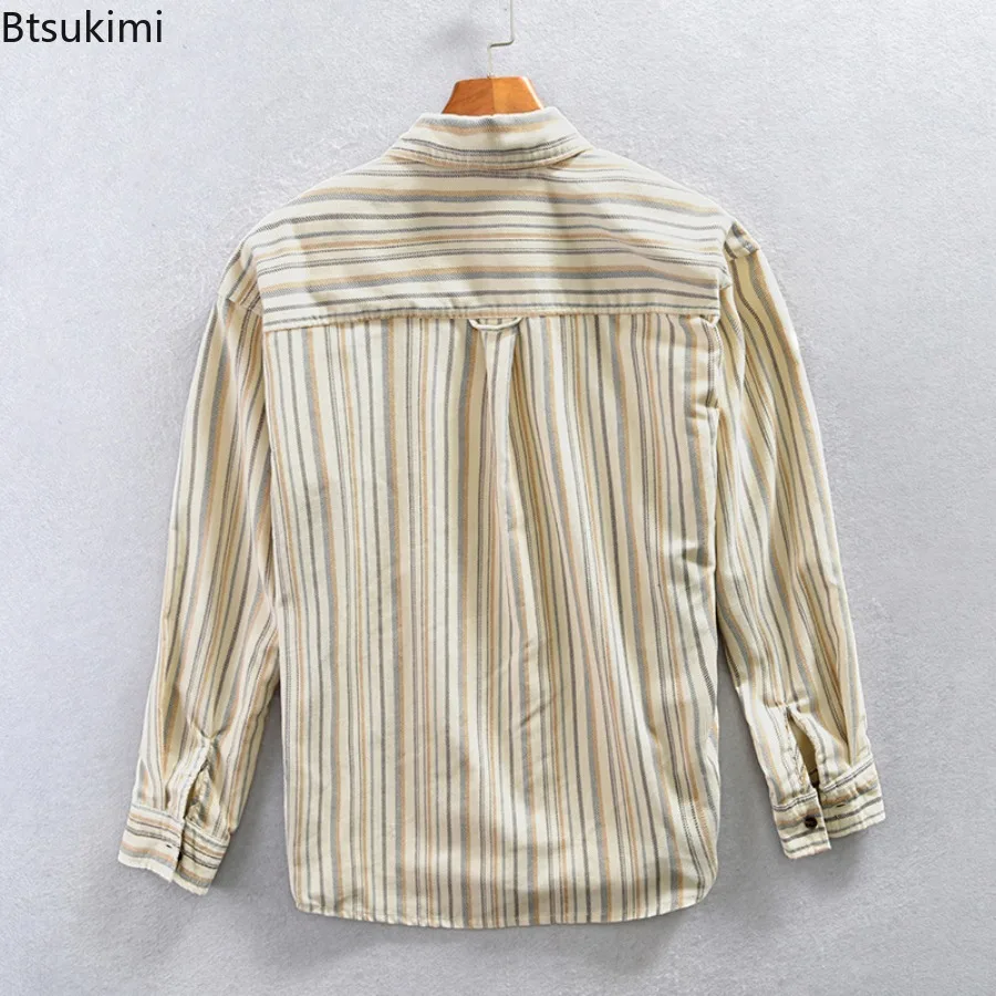 New Vintage Stripe Casual Men's Shirts Spring Autumn Fashion Streetwear Long Sleeve Single Breasted Loose Shirt Coats Youth Tops