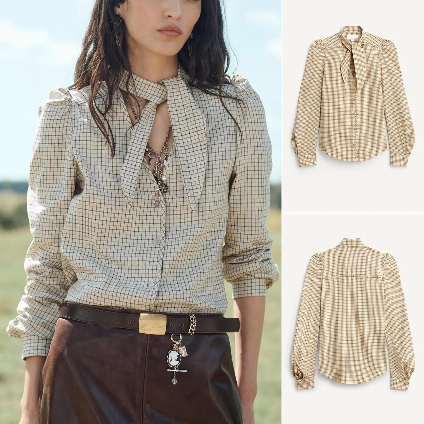 

Autumn Winter Women's irt V-ne Long Sve Plaid Bow Tie Design Slim Fit Comfortable Breathable Polyester Fiber Commute S...