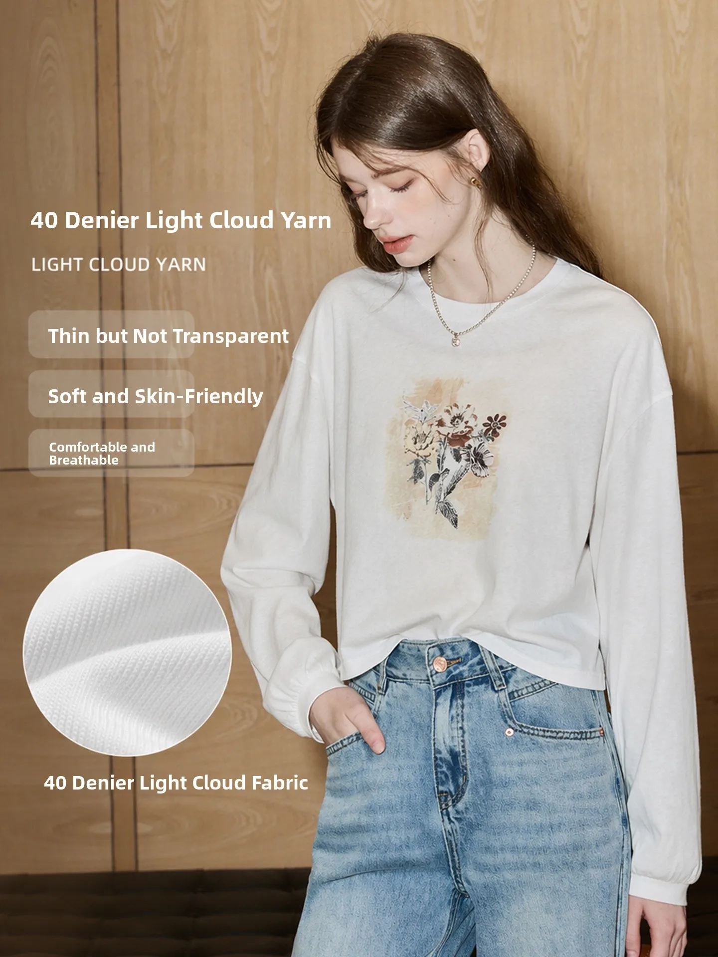Soft Knitted Long Sleeve T-Shirt Floral Print Lightweight Cloudy Fabric Female Youth Casual Comfortable Breathable Autumn Top