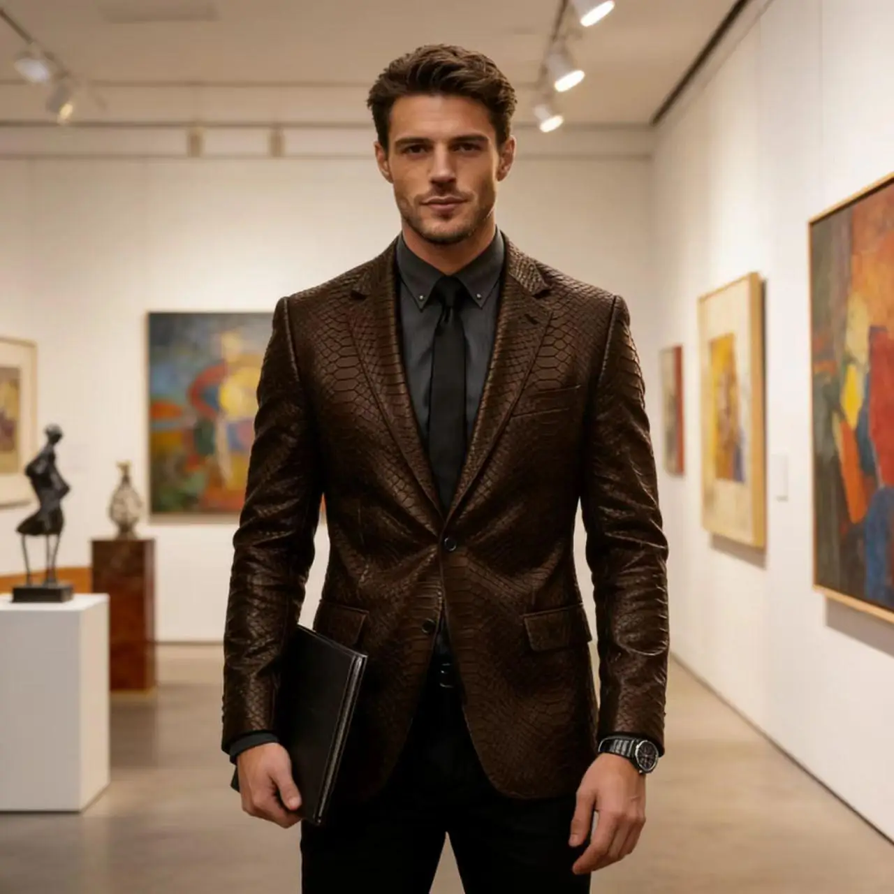 

Men's Luxury Crocodile Pattern Leather Blazer Slim Fit Two Button Notch Lapel Suit Jacket Business Casual Wedding Tuxedo Dress