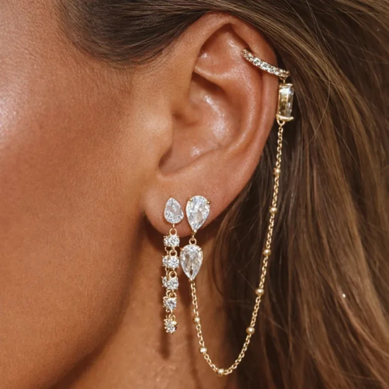 Water Drop Zircon Tassel Ear Cuff Chain Draped Thin Chain Drop Earrings Grace Ear Jewelry Birthday Gift for Women Banquet Party