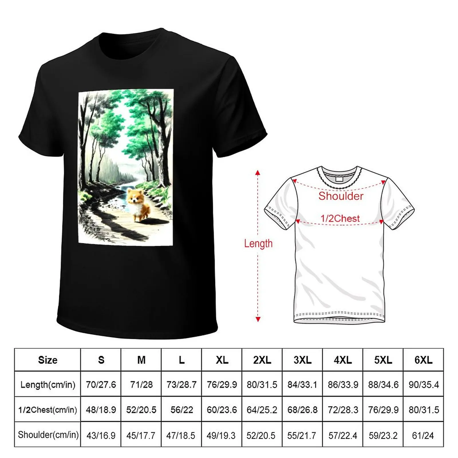 Enchanting Pomeranian Forest Trail: Colored Pencil Art Design T-Shirt Summer Holiday Casual Tee