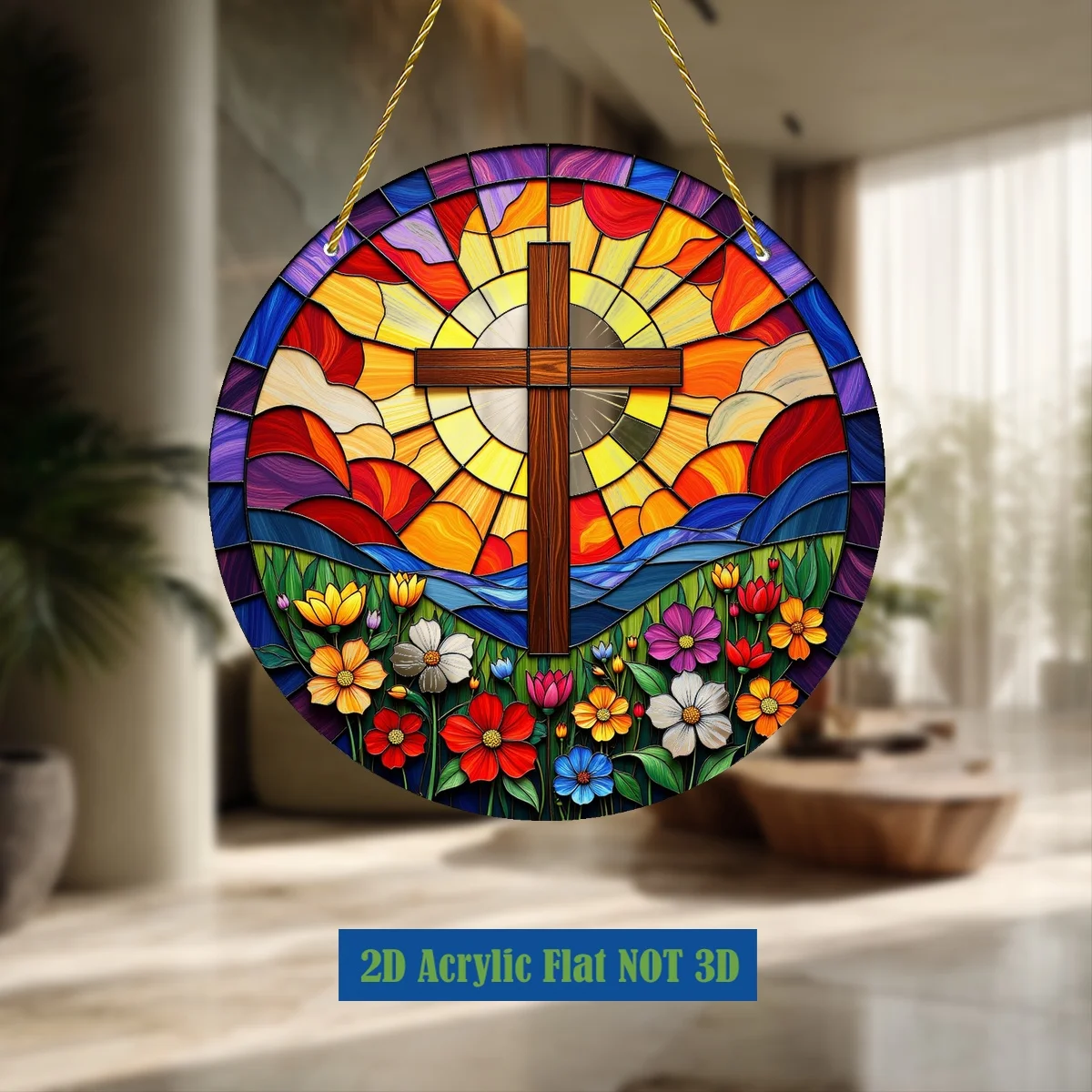 Acrylic Painting Holy Cross with Vibrant Stained Glass Style Floral Design, Sunrise Sky and Colorful Wildflowers Round Wall Deco