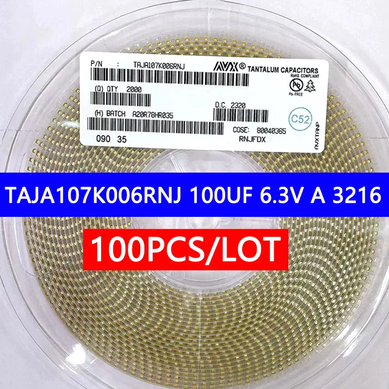 

100 шт./партия TAJA107K006RNJ 100 мкФ 6,3 В 3216 патч танталовый конденсатор электронный компонент интегрированный чип Ic новый и оригинальный