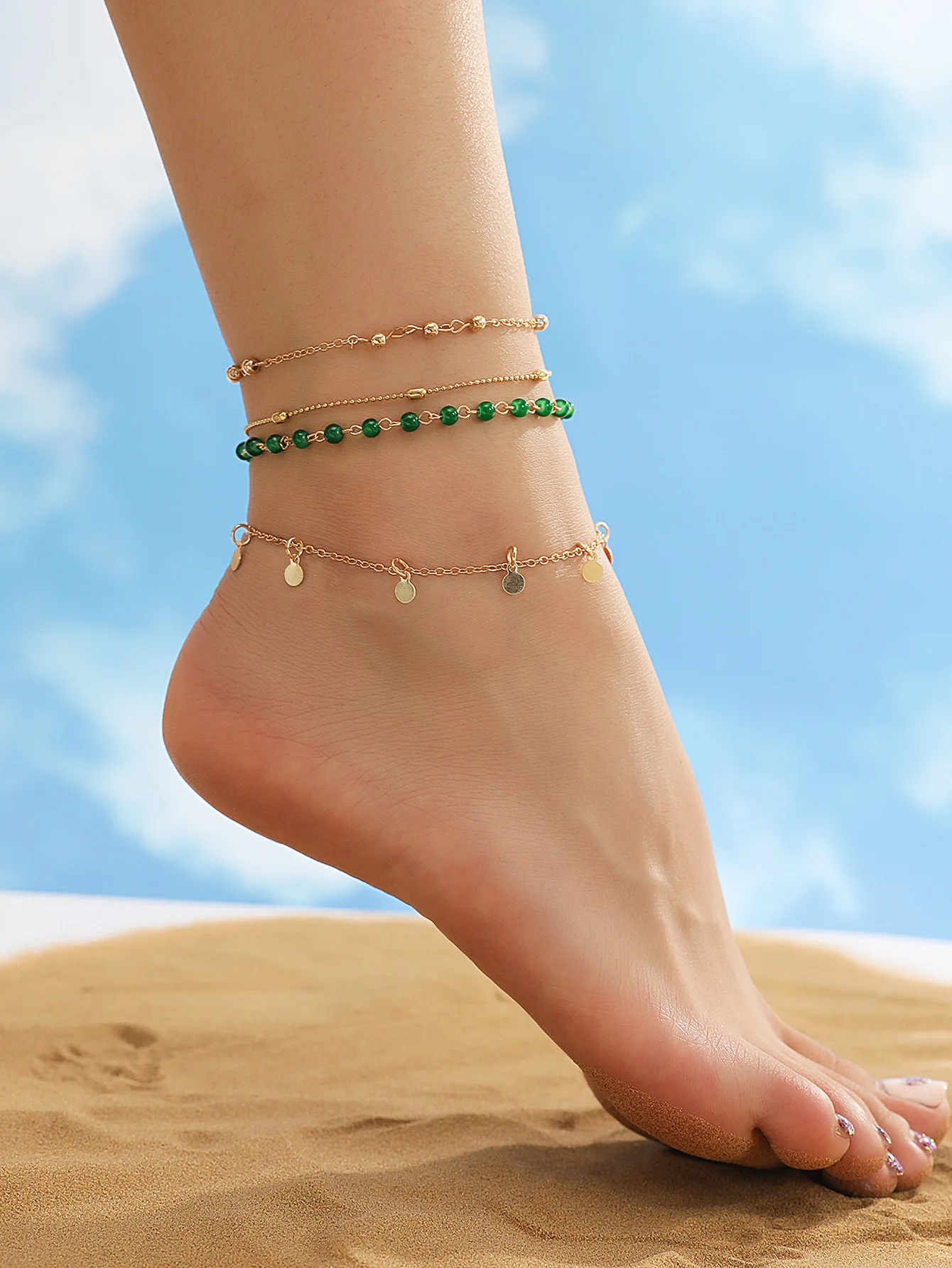 4Pcs/Set Women's Green Glass Round Bead Anklets with Iron Tassel Pendant Fashion Barefoot Chain Jewelry Gift Set for Ladies