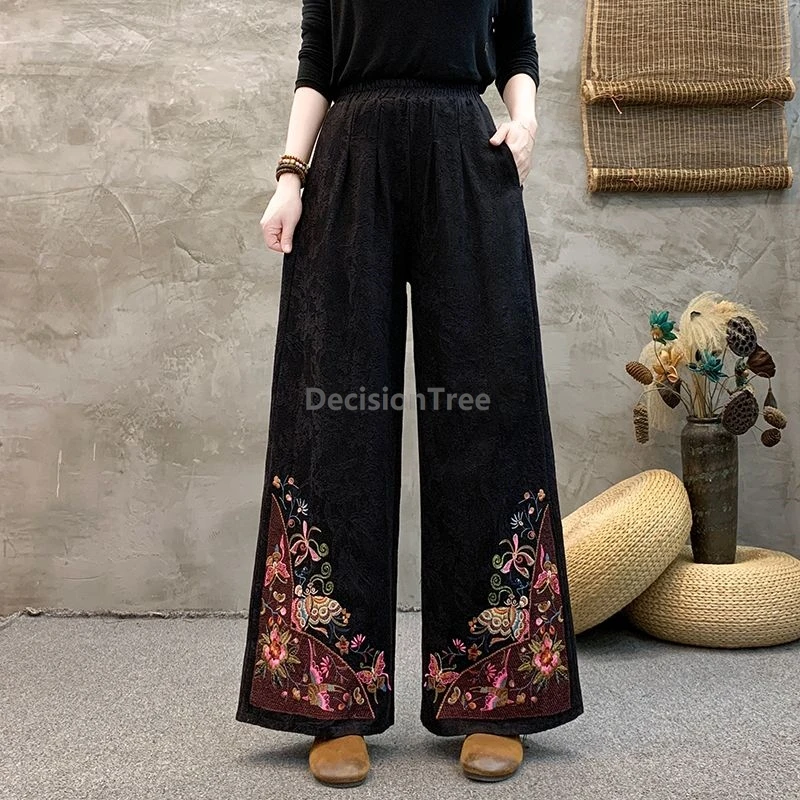 

2025 versatile wide leg pants chinese ethnic style embroideried high waist trousers casual temperament women's trendy britches