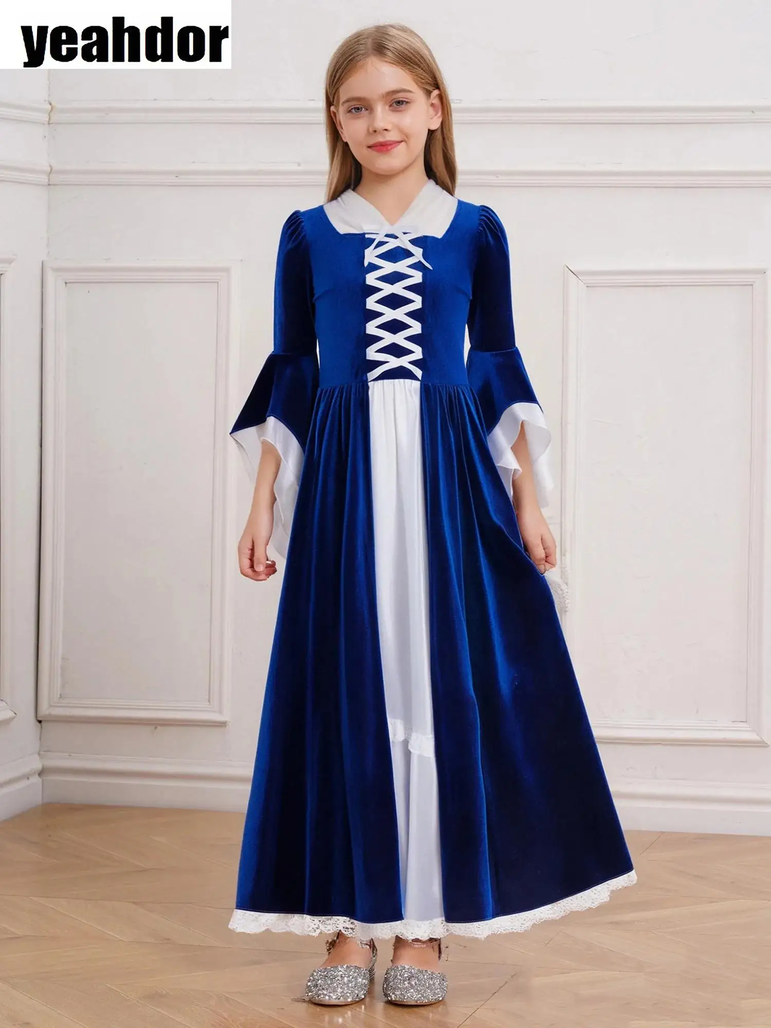 

Girls Medieval Princess Dress Victorian Renaissance Gowns Long Bell Sleeve Lace Trim Maxi Dress Halloween Princess Queen Cosplay