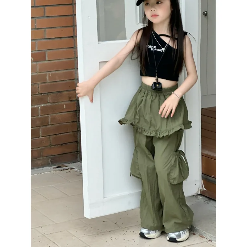 2025 ربيع/صيف خريف جديد الفتاة وهمية قطعتين العمل السراويل تنورة الأطفال رقيقة تنورة الخصر بعقب الستار السراويل البضائع