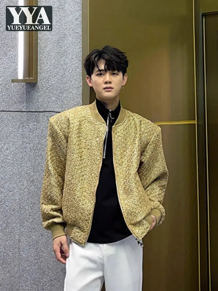 

Fashion Korean Style Mens Chic Sequins Shiny Short Jackets Stand Collar Zipper Loose Fit Casual Coat Weave Tweed Jacket 2025 New