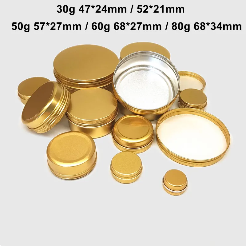 

30g 50g 60g 80g Empty Refillable Gold Aluminum Round Tin Cans Box Candle Cream Jar Pot Case Screw Thread Lid Cosmetic Storage