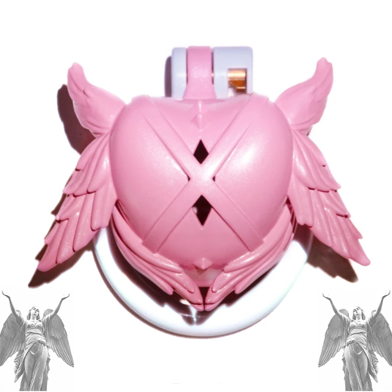 Set di dispositivi di bloccaggio di castità a forma di cuore di angelo rosa per uso maschile Anello per pene in resina 3D con anelli a scatto e cinture Coppia di giocattoli sessuali