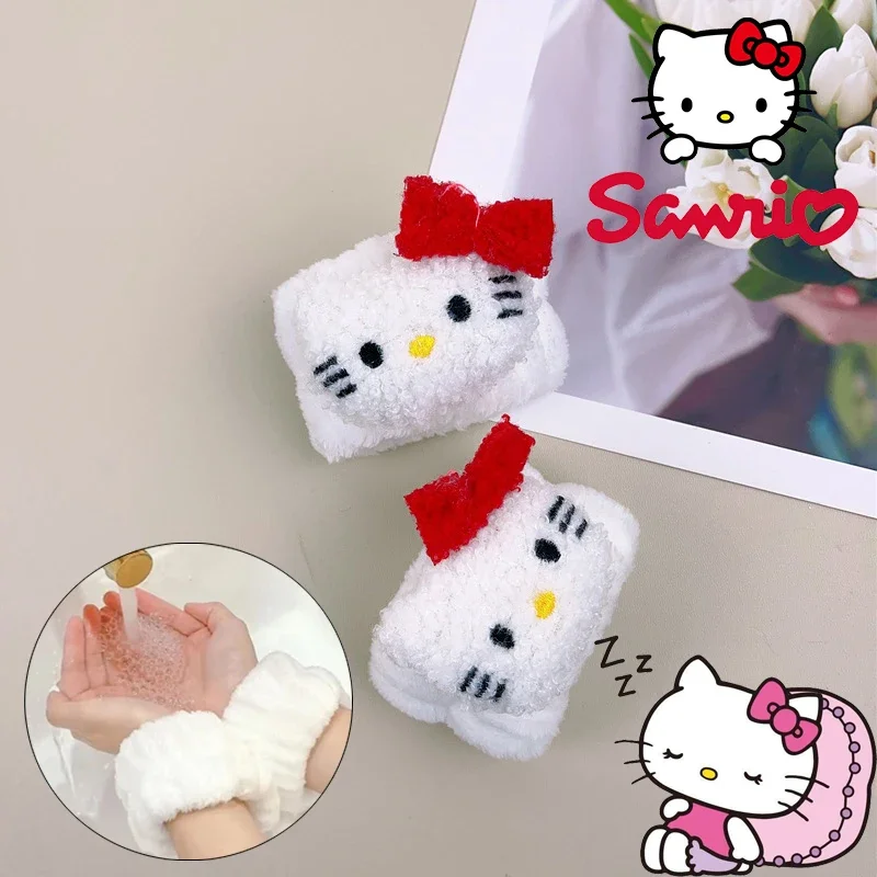 2PCS New Sanrio Hello Kitty Plush Hair Band Kawaii Cartoon Kuromi Melody Absorbent Wash Make-up Elastin Coral Fleece Wristbands