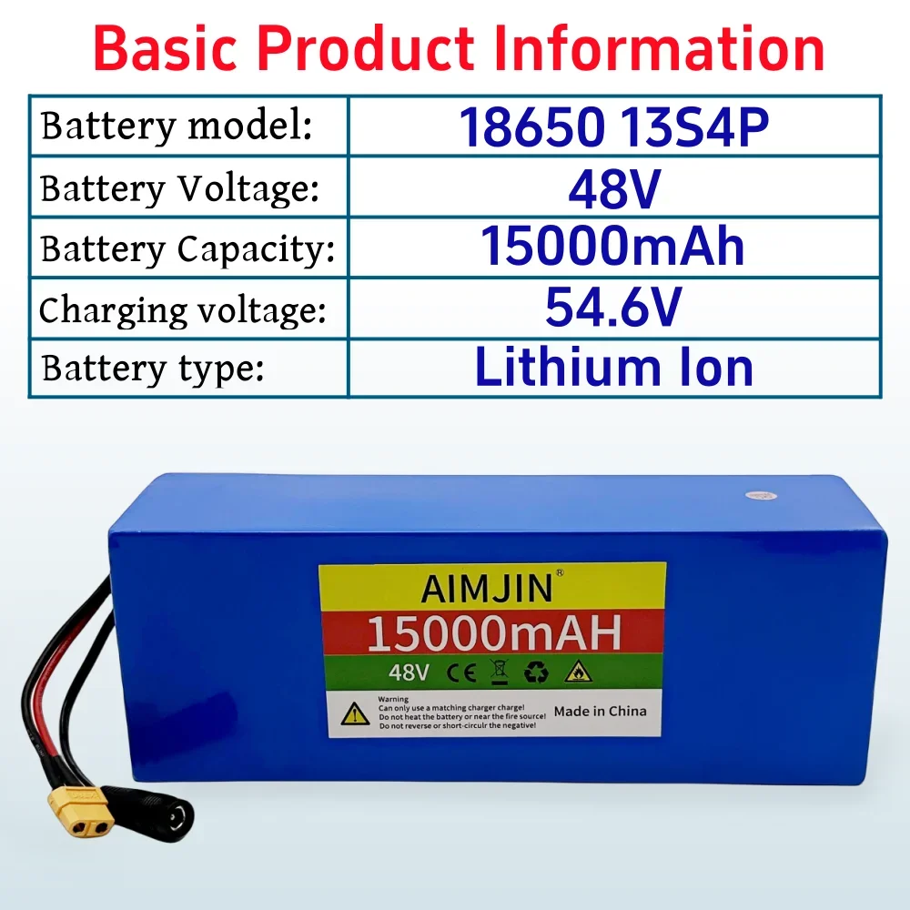 18650 13S4P Rechargeable Battery Pack 48V 15000mAh Lithium ion Battery With BMS Suitable for Electric Scooter Bicycle