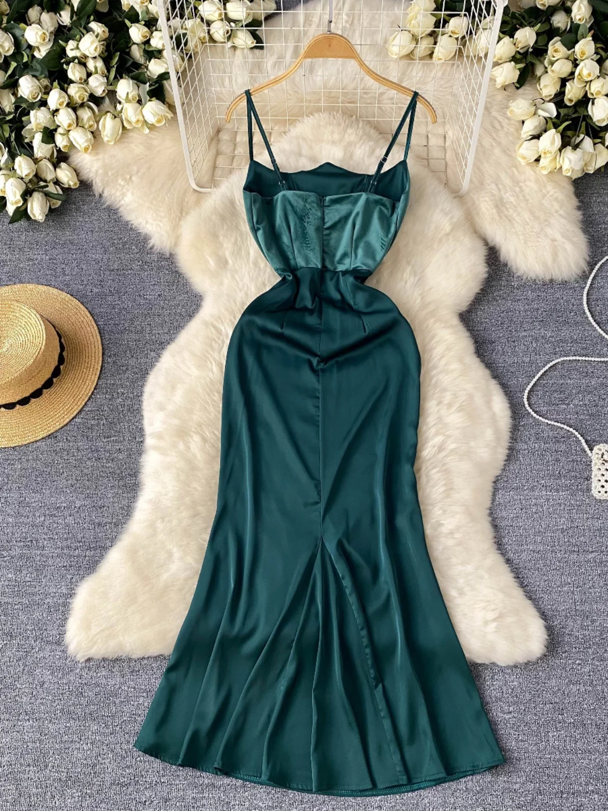 Foamlina Women Elegant Green Spaghetti Strap Satin Evening Party Dress Summer Sexy Sleeveless Fishbone Slim Long Mermaid Dress