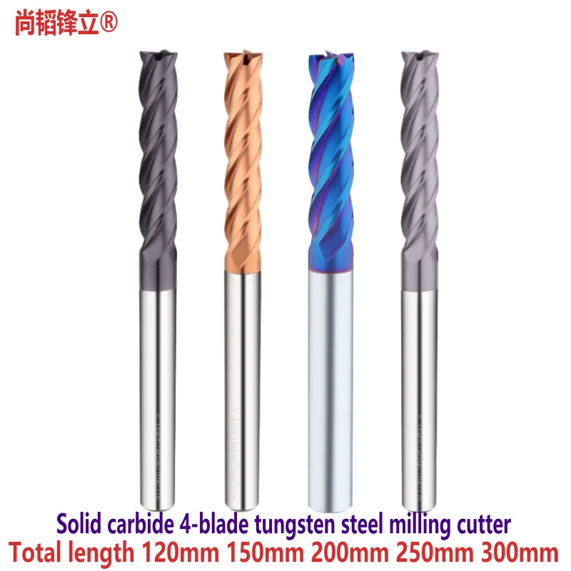 

Solid Carbide Tungsten Steel Flat-bottom End Mill Total Length 120 150 200 250 300mm 4-blade Black Bronze Blue Grey Coating CNC