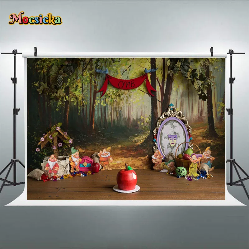 Princess Snow White Backdrop Enchanted Forest Snow White and The Seven Dwarfs Party Background for Girl First Birthday Princess