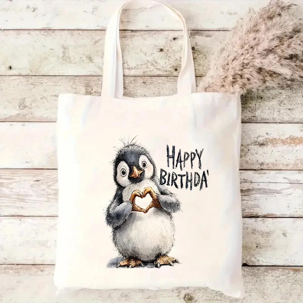 Watercolor Cute Penguin Monkey Heart Hands Happy Birthday Print Canvas Tote Bag Perfect For Birthday Gift Party And Daily