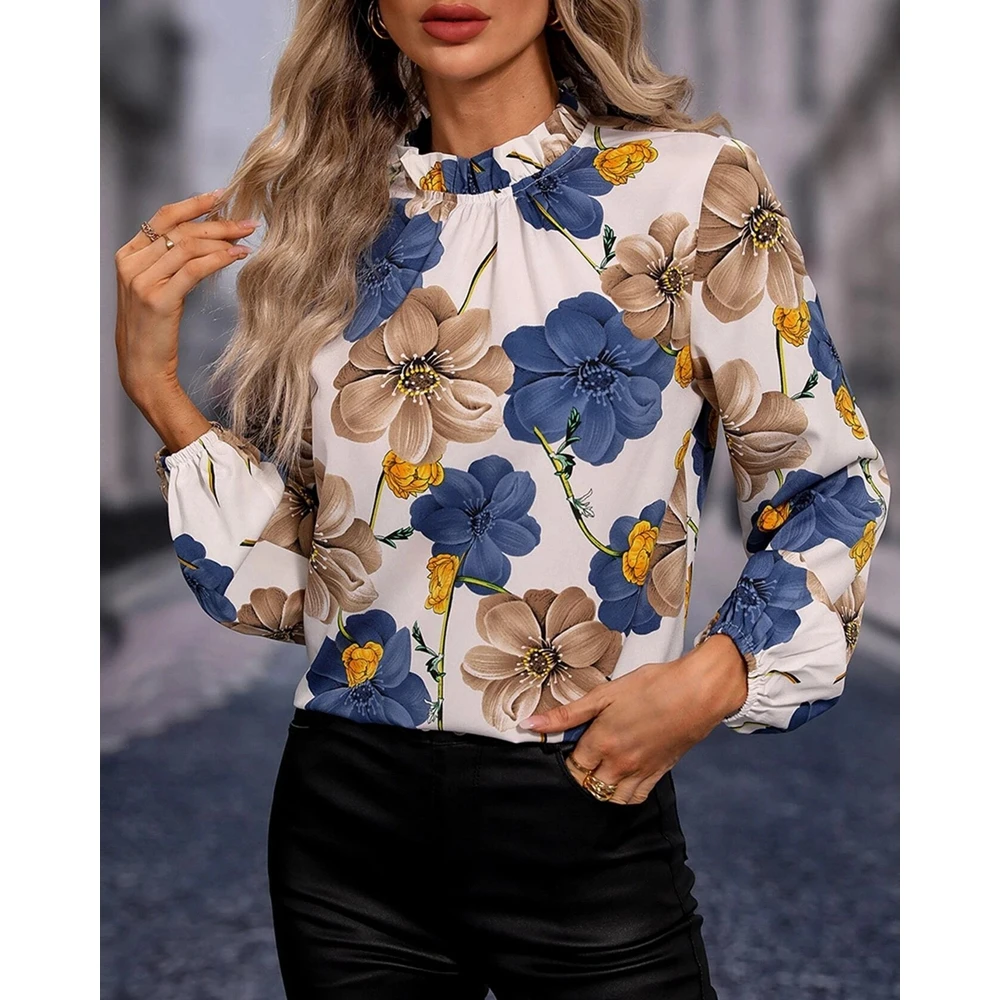 Women Floral Print Long Sleeve Shirts Ruched Neck Elegant Blouse Casual Top Spring Fashion Going Out Office Lady Work Wear