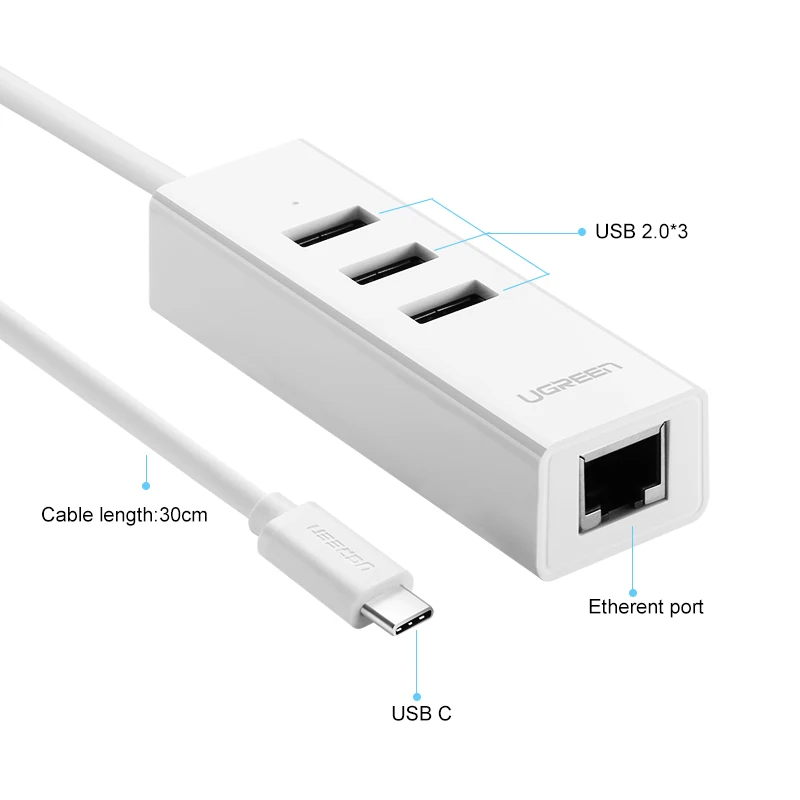 Ugreen USB نوع C إلى محول إيثرنت USB2.0HUB 3 منافذ RJ45 بطاقة الشبكة Lan لخط تحويل ماك بوك USB-C Type-C