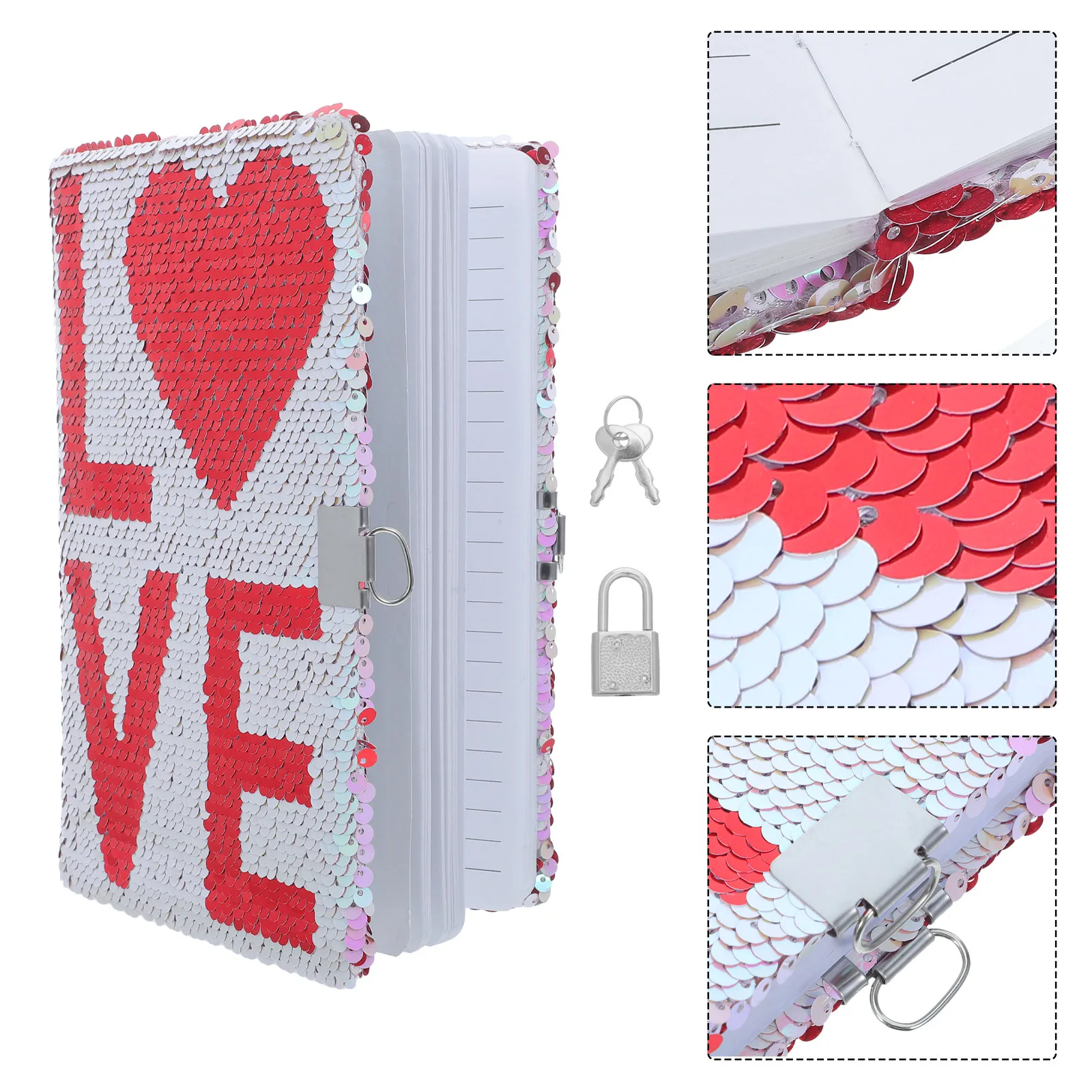 Sequin Notebook with Lock A5 Reversible Glitter Cover Love Pattern Diary for Women Sparkly Lockable Journal School