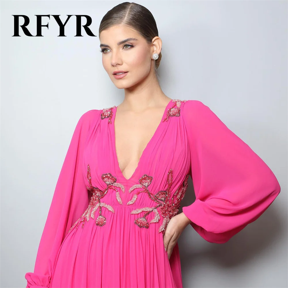 RFYR Fuchsia Beach Special Occasion Dresses V Neck Long Sleeves Formal Gown Long Embroidery Evening Dresses vestidos de fiesta