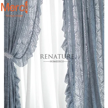 프렌치 라이트 럭셔리 블루 할로우 레이스 윈도우 스크린, 불투광 화이트 윈도우 스크린 커튼, 거실 다이닝 룸 침실용 