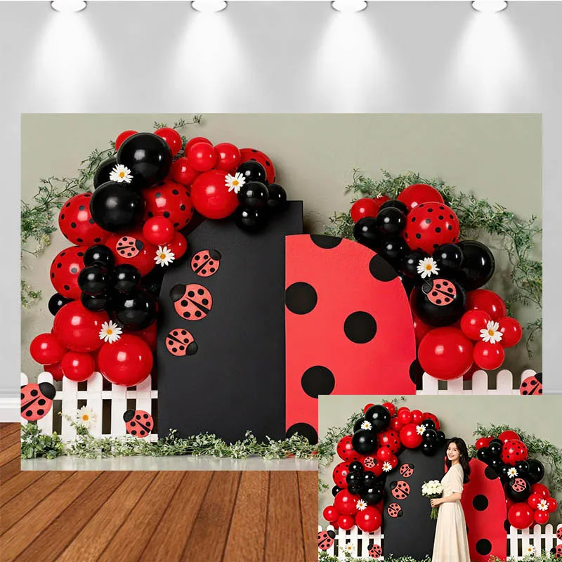 

LS Photography Backdrop Seven Spotted Ladybug Themed Balloon Fence Decor Birthday Cake Smash Kids Portrait Photo Background