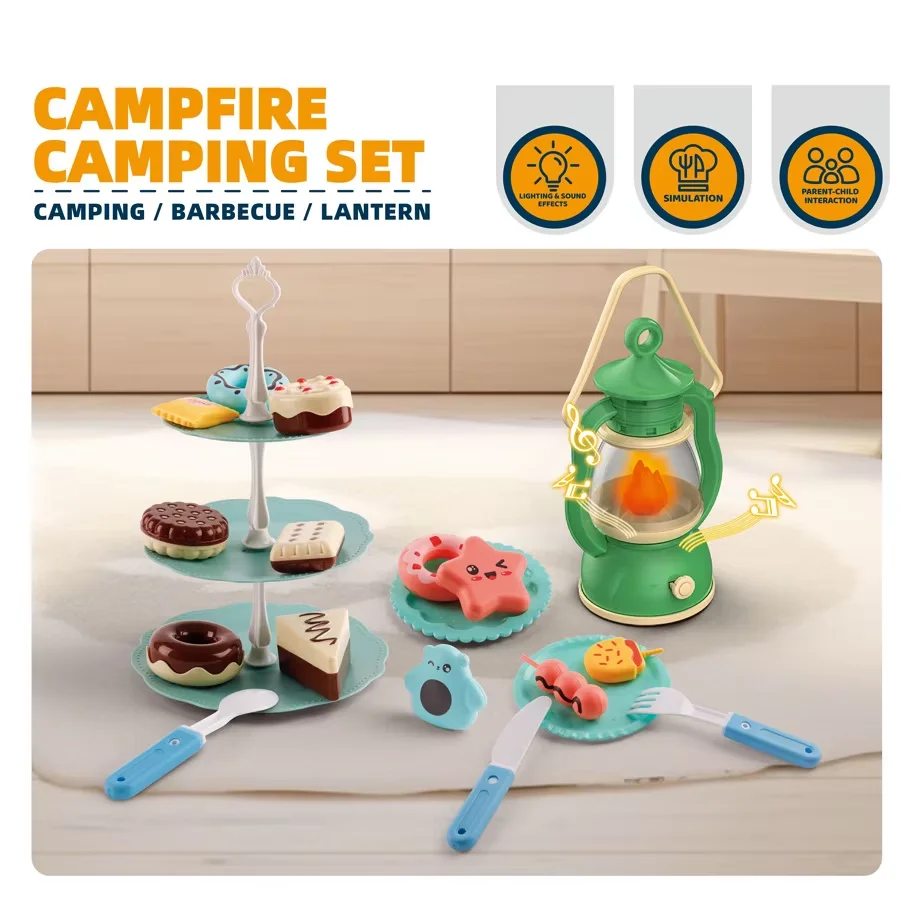 Outdoor Camping Tent Set Barbecue Fire Piles Torches Miniature Food Model Interactive Game Indoor Role-Play Toy Kid BirthdayGift
