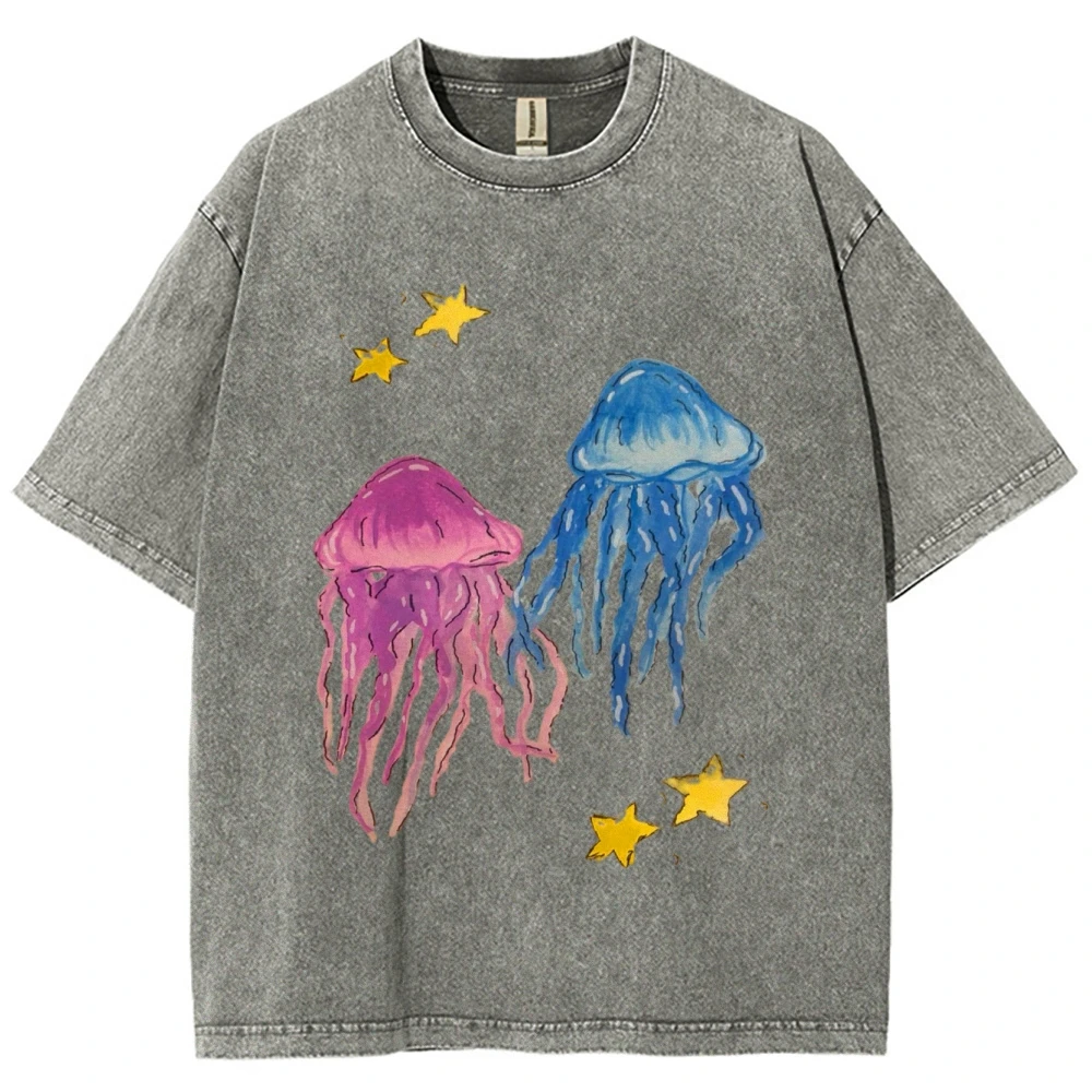 Swimming Colorful Jellyfish Print Man Cotton T Shirts Japanese Casual Short Sleeve Oversize Crewneck Clothing Fashion Mens Tops