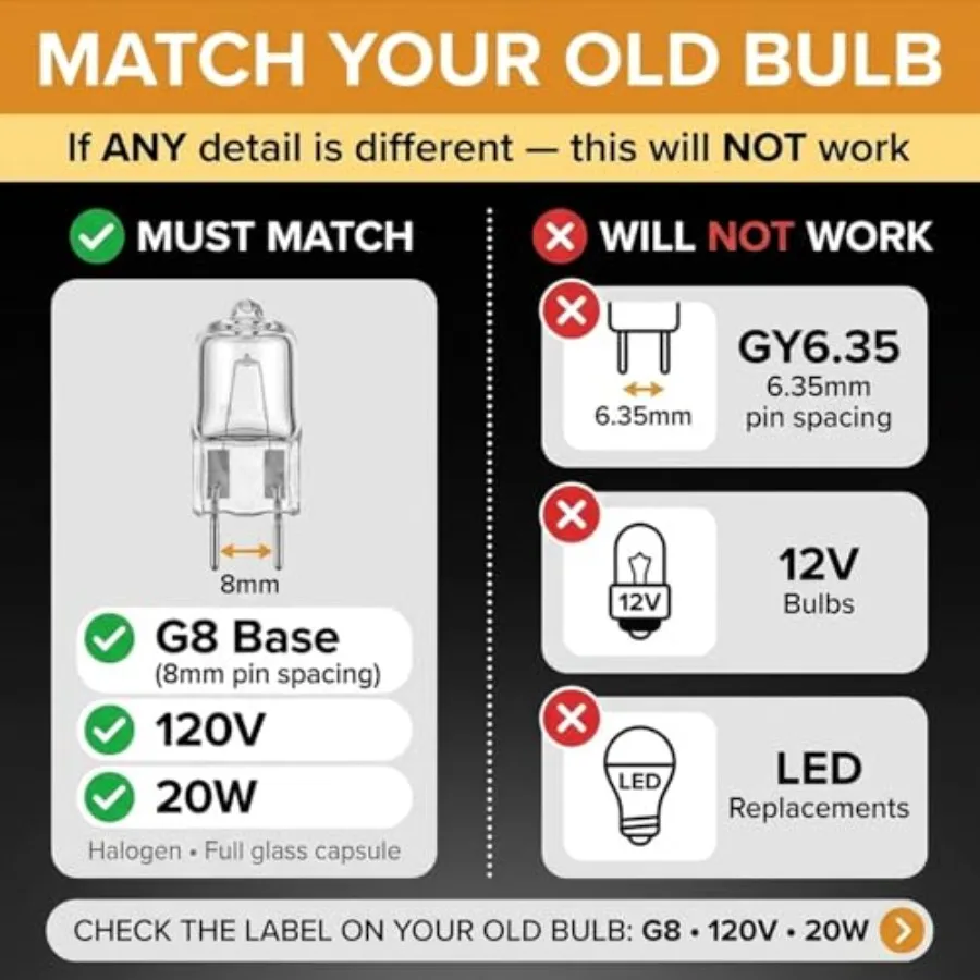 10 Pack-G8 20Watt 120V Halogen Light Bulbs T4 JCD Type 120V Bi-Pin Base Shorter 1-1/4