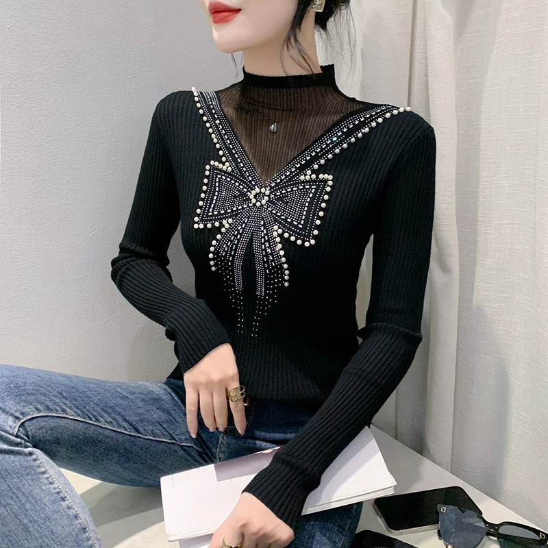 #4326 Autumn Winter Black Knitted Sweater Women Half High Collar Split Joint Mesh France Style Woman Sweater Pullovers Diamonds