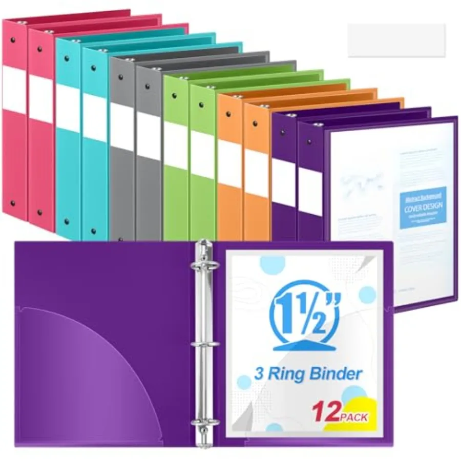 

12 Pack 1.5 Inch 3 Ring Binders with Clear Front Cover and 2 Pockets 8.5'' x 11'' Plastic Flexible Binders Organizer for School