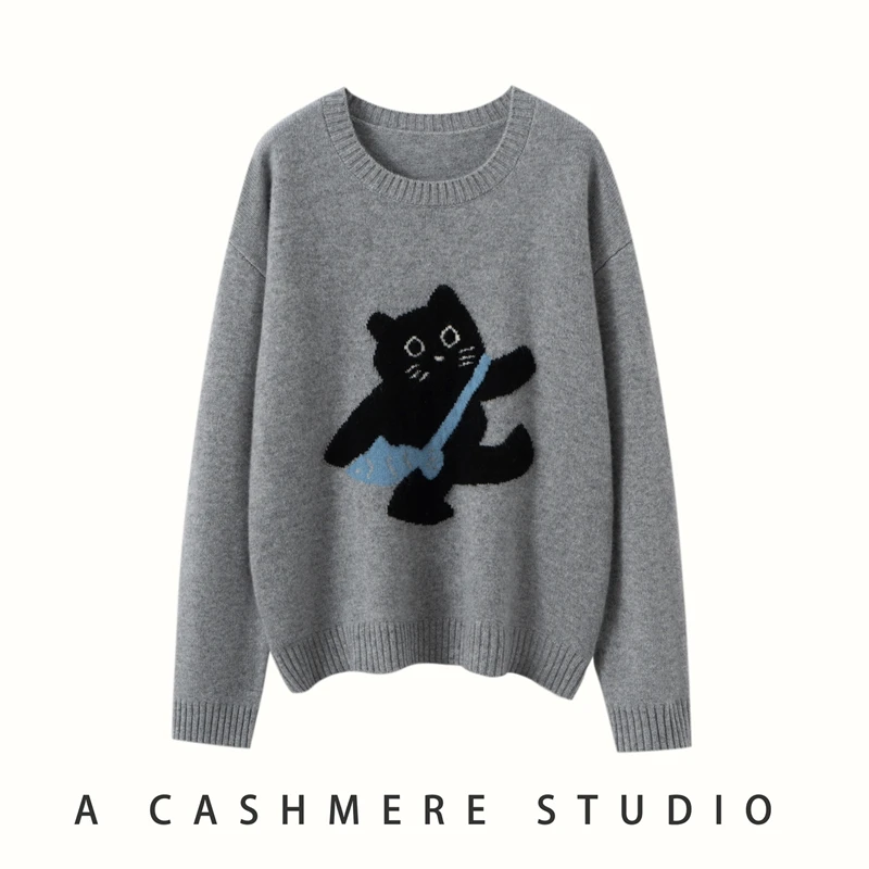 

Women's O-neck Cashmere Pullovers Sweater Autumn Winter 100% Cashmere Knitwear Kitten Pattern Casual Long Sleeve Clothing Tops