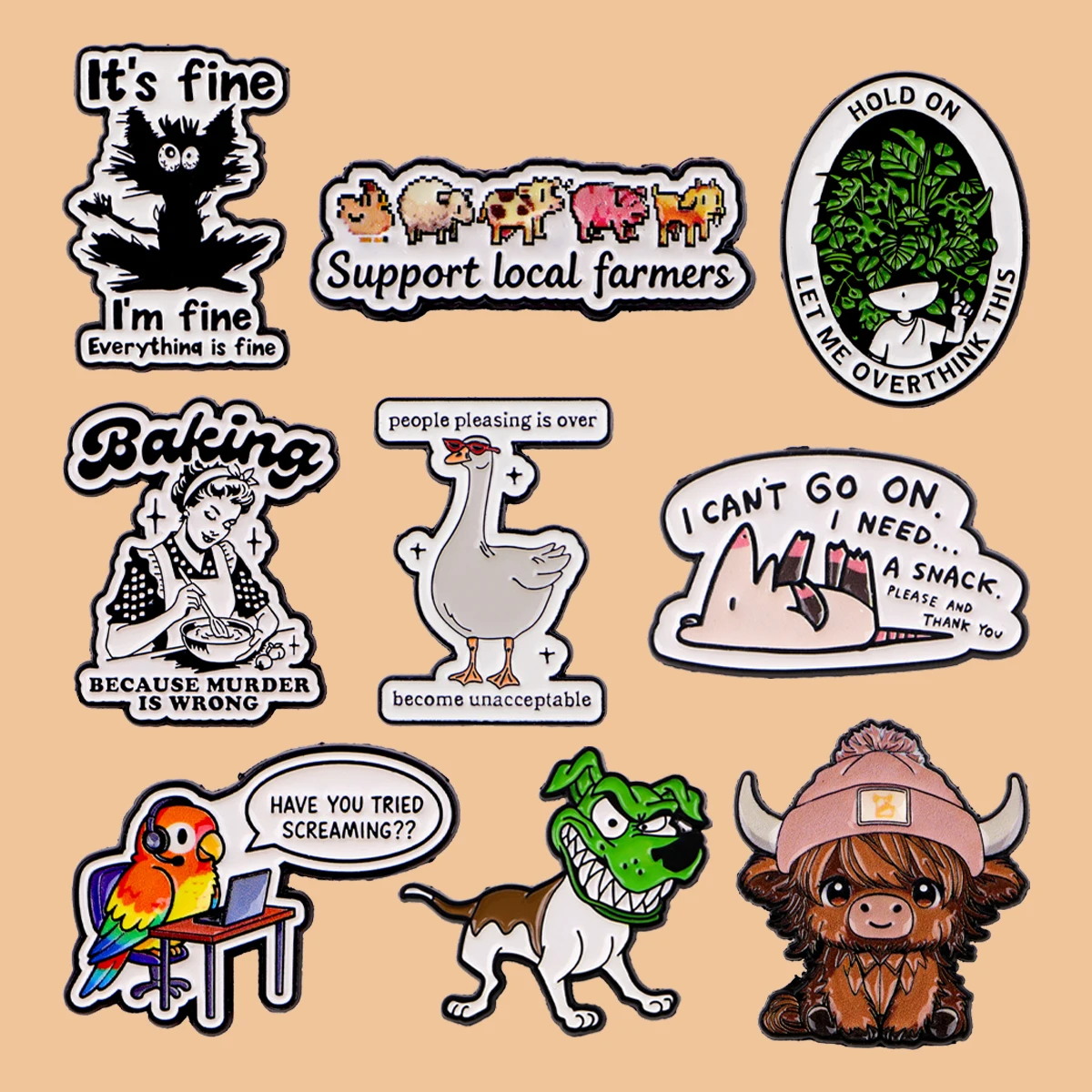 Cartoon Animals Enamel Pines Overthinking Quotes Brooch Metal Pins Badge on Backpack Clothing Accessories Fashion Jewelry Gifts