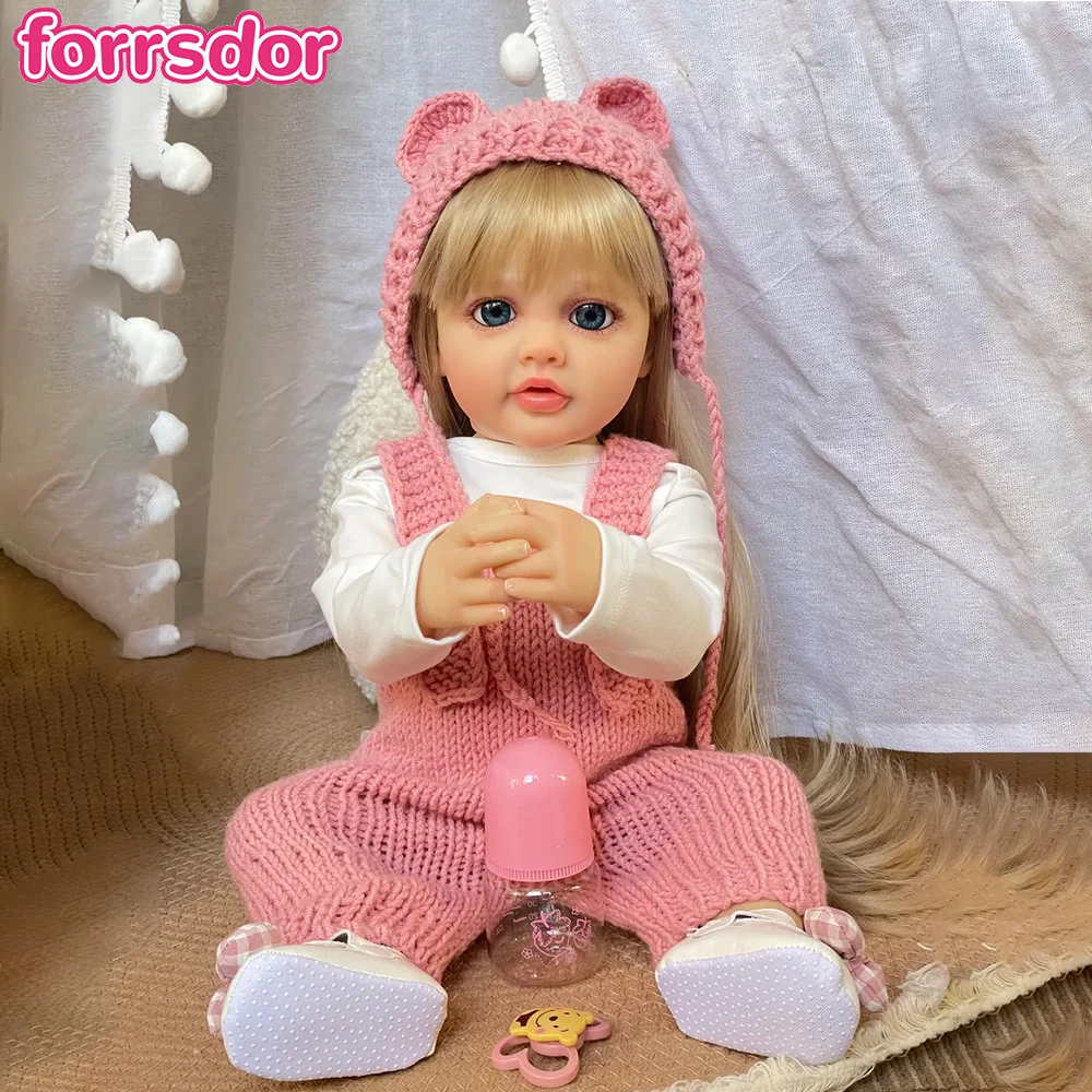 

Forrsdor 22-дюймовая реалистичная мягкая силиконовая кукла Reborn для маленьких девочек с длинными каштановыми волосами, подарки принцессы для малышей Bebe на день рождения для детей