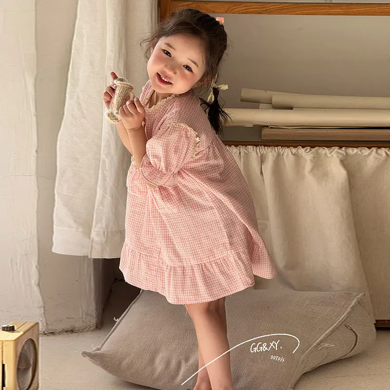

Plaid Lace Dress Summer Thin 2025 New Sweet Cute Fashionable Casual Loose and All-match Dress Kids Clothes
