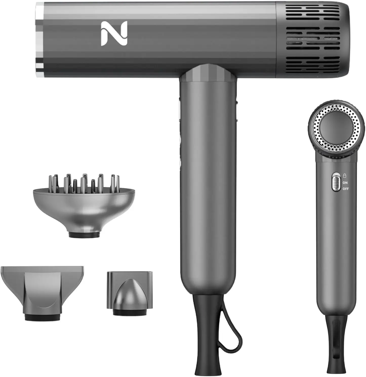

High Speed Hair Dryer 1600W 110000RPM Ionic Blow Dryer with Diffuser for Curly Hair, Fast Drying, Low Noise, Lightweight, Lock Function for Home Travel Salon, Gray