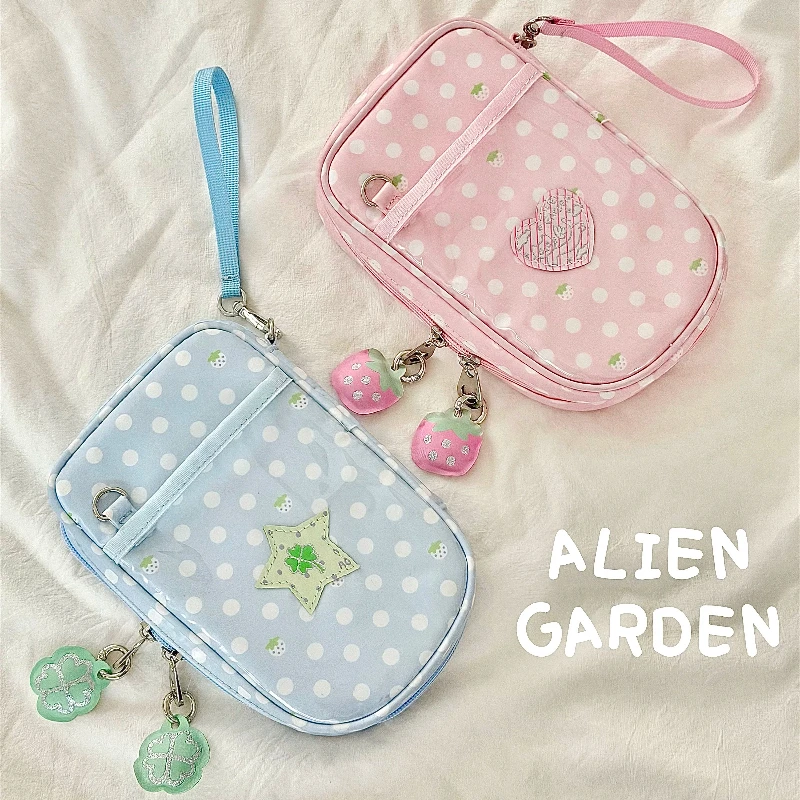 Japanese Sweet and Cute Strawberry Polka Dot Angel Mobile Phone Handbook Passport Stationery Bag Messenger Bag