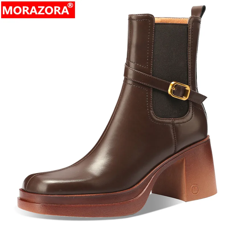 

MORAZORA 2024 New Female Genuine Leather Spring Boots Vintage Zipper Platform Ankle Boots Buckle Thick High Heels Shoes