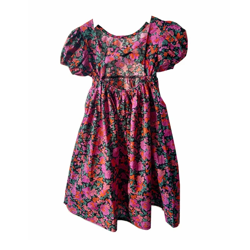 Summer Casual Baby and Girls Cotton All-Over Floral Backless A-Line Retro Long Dress School Kids Sweet Outfit Child Skirt 2-8Yrs