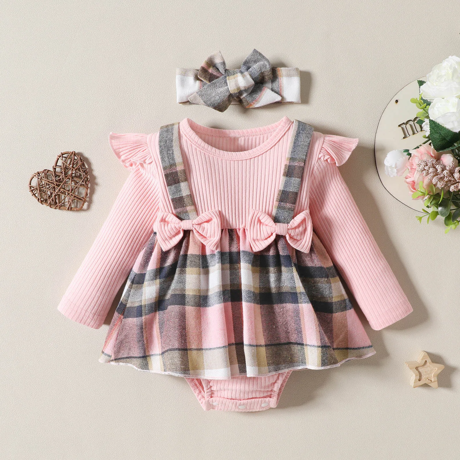 Infant Girls Long Sleeve Ribbed Bowknot Romper Newborn Plaid Bodysuits Dress Headbands Outfits Baby 6 12 Month