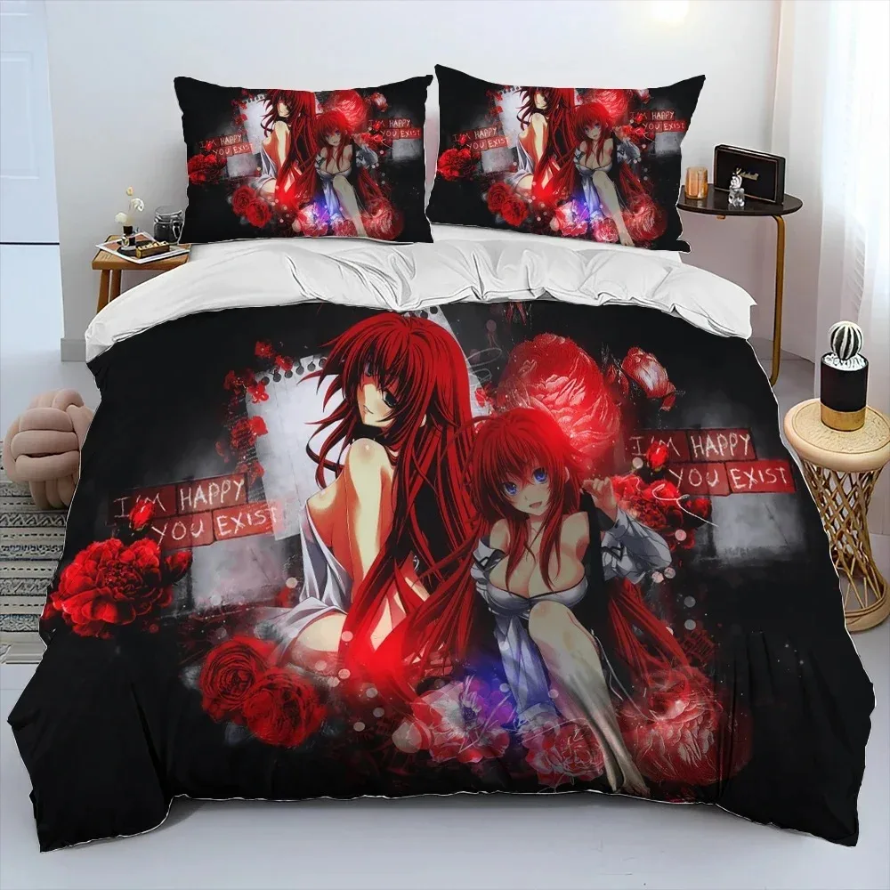 Juego de cama de edredón de Anime DxD de escuela secundaria para chica Sexy, juego de cama con funda nórdica, funda de edredón y funda de almohada, juego de cama tamaño king Queen para chico