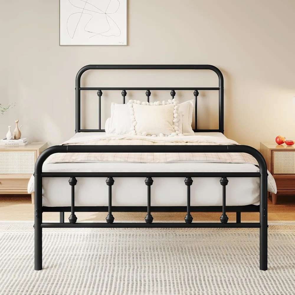 Twin Metal Platform Bed Frame with Victorian Style Headboard Footboard Steel Slat Support Easy Assembly Underbed Storage
