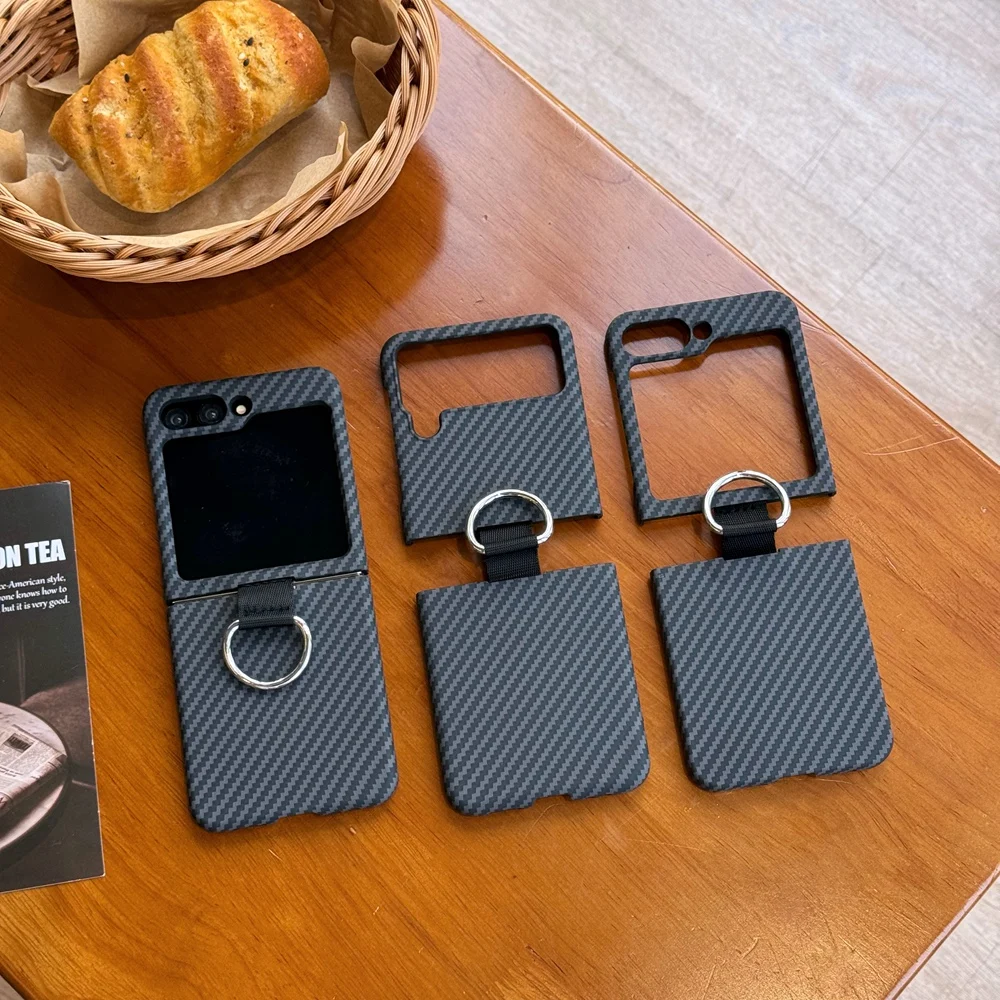 Carbon Fiber Pattern Hard PC Case For Samsung Galaxy Z Flip 6 5 4 3 Metal Finger Ring Nylon Strap Connection Phone Cover