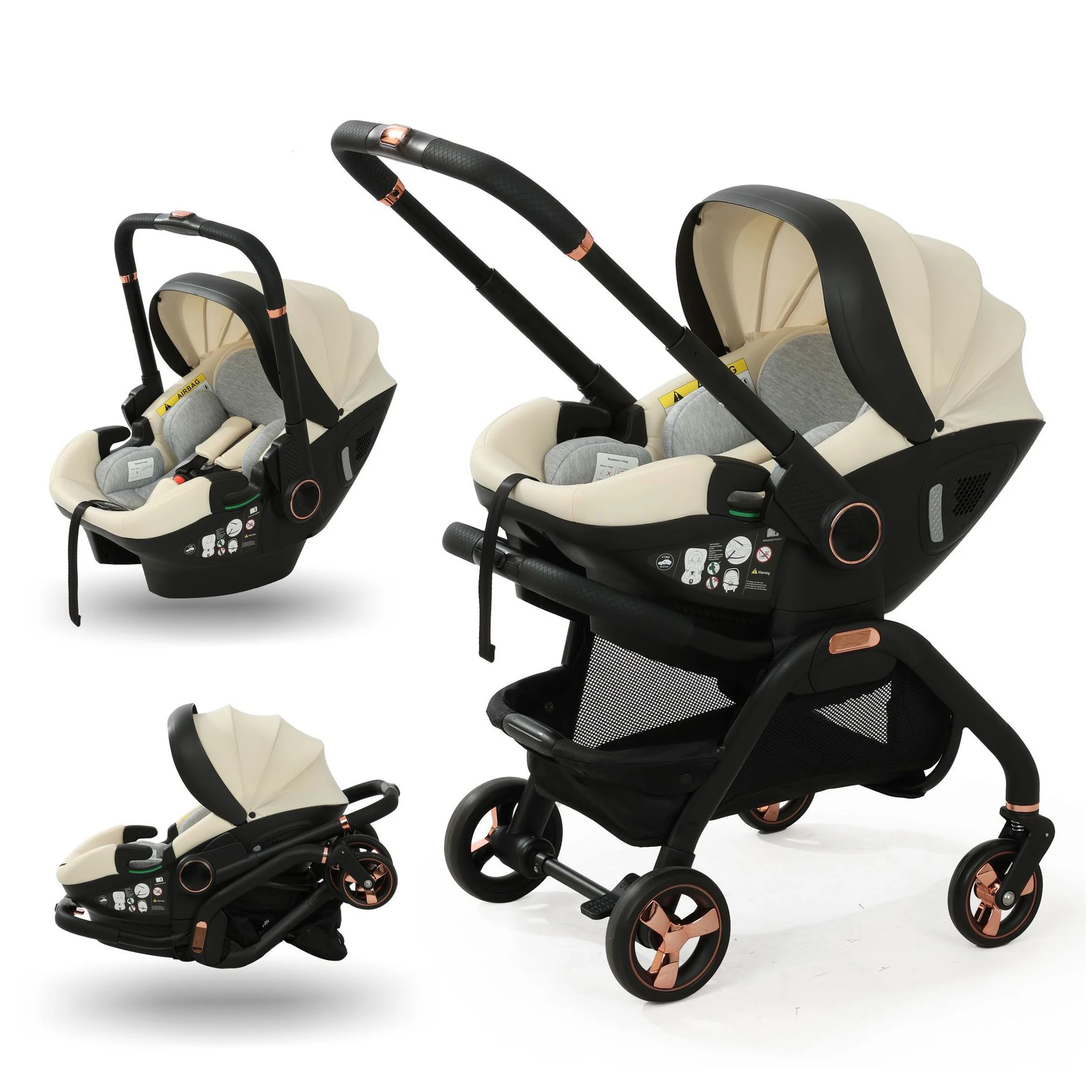 

3-in-1 Stroller Child Safety Seat Portable Folding Baby Sleep Basket Adjustable Pushrod Travel Cart with Universal Wheels