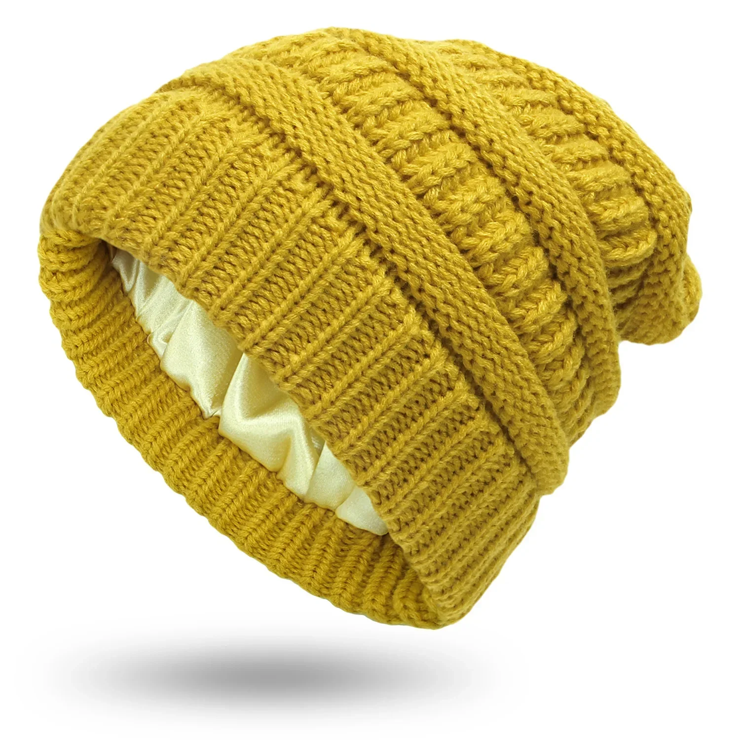 

23 New Winter Beanie Caps Women Men Satin Lined Striped Knit Hats Solid Color Silk Lining Thick Chunky Cap Soft Slouchy Warm Hat