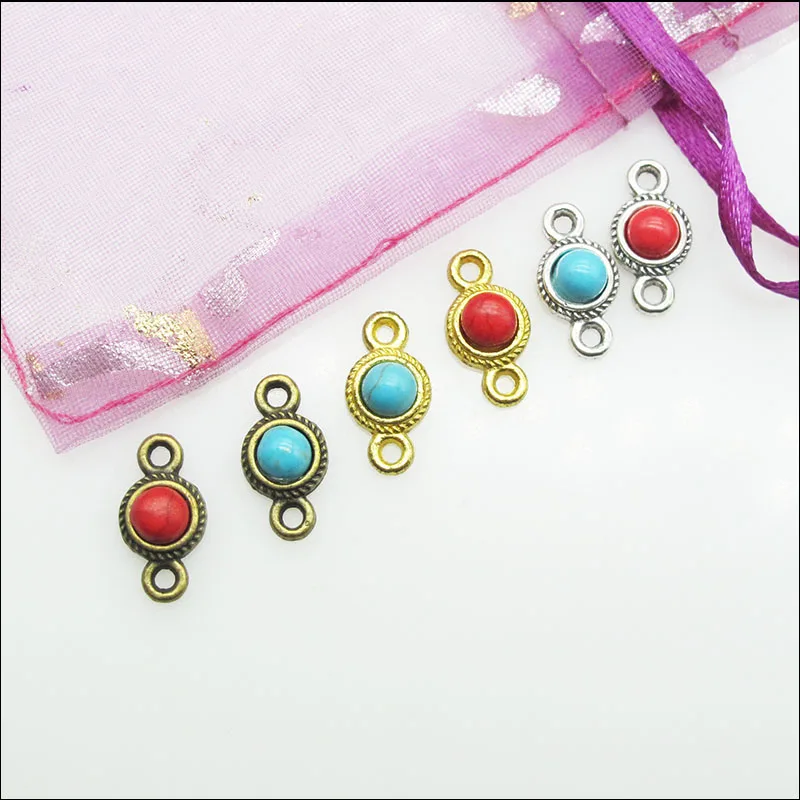 25Pcs Retro Gold Tibetan Silver Plated Bronze Tone Round Blue&Red Stone Charms Connectors 8.5x16mm